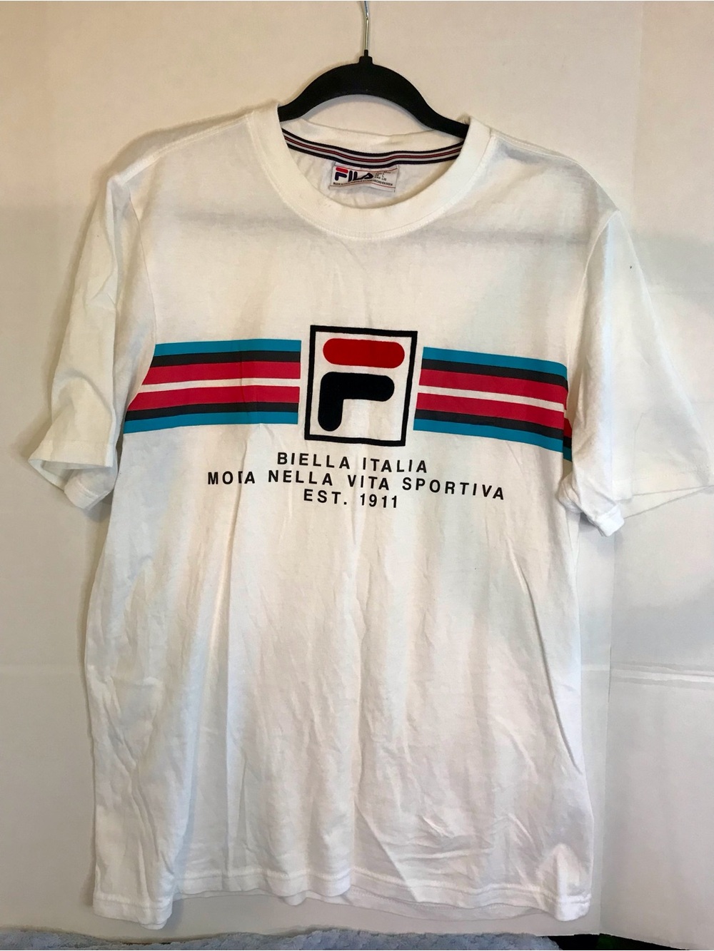 Fila Vintage Mercedes Italian Stripe Heritage T Shirt Stripe Logo Mens White LG